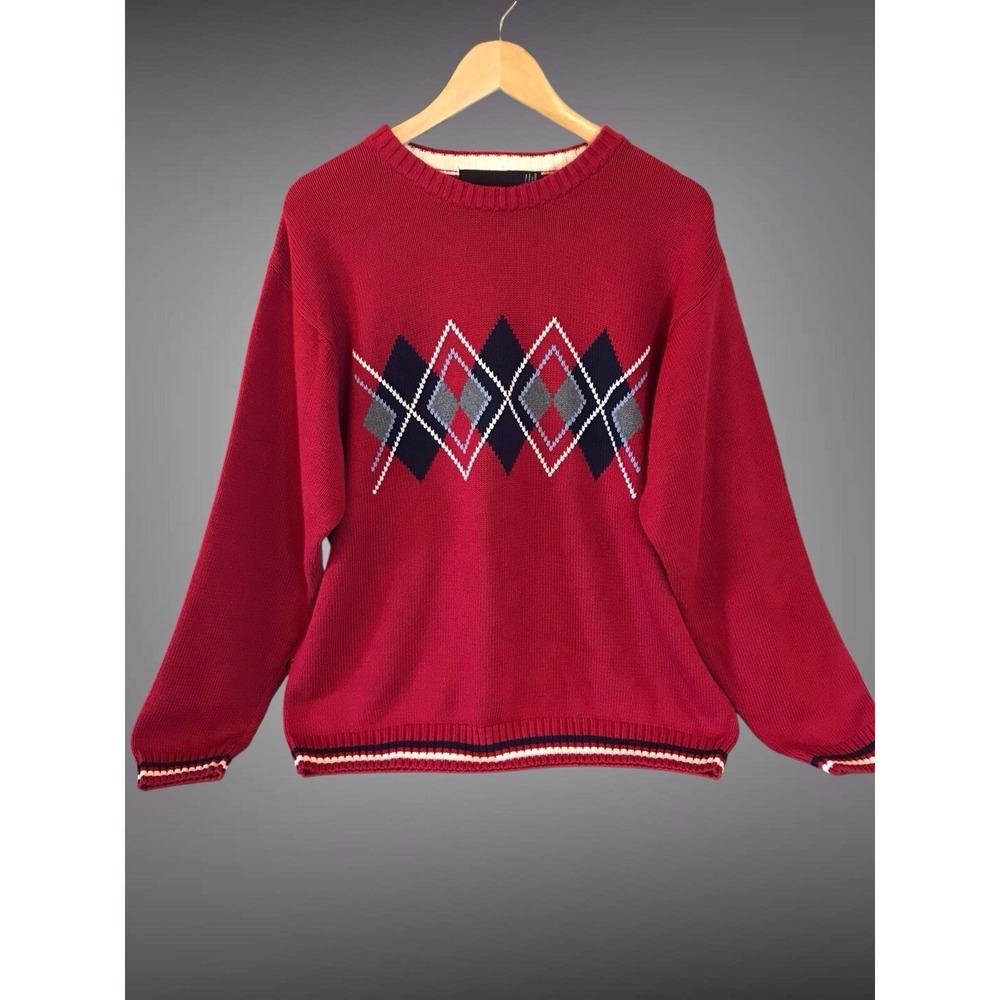 VTG Bill Blass Sweater Mens Sz L Red Argyle Cotton Crewneck Preppy Knit Pullover